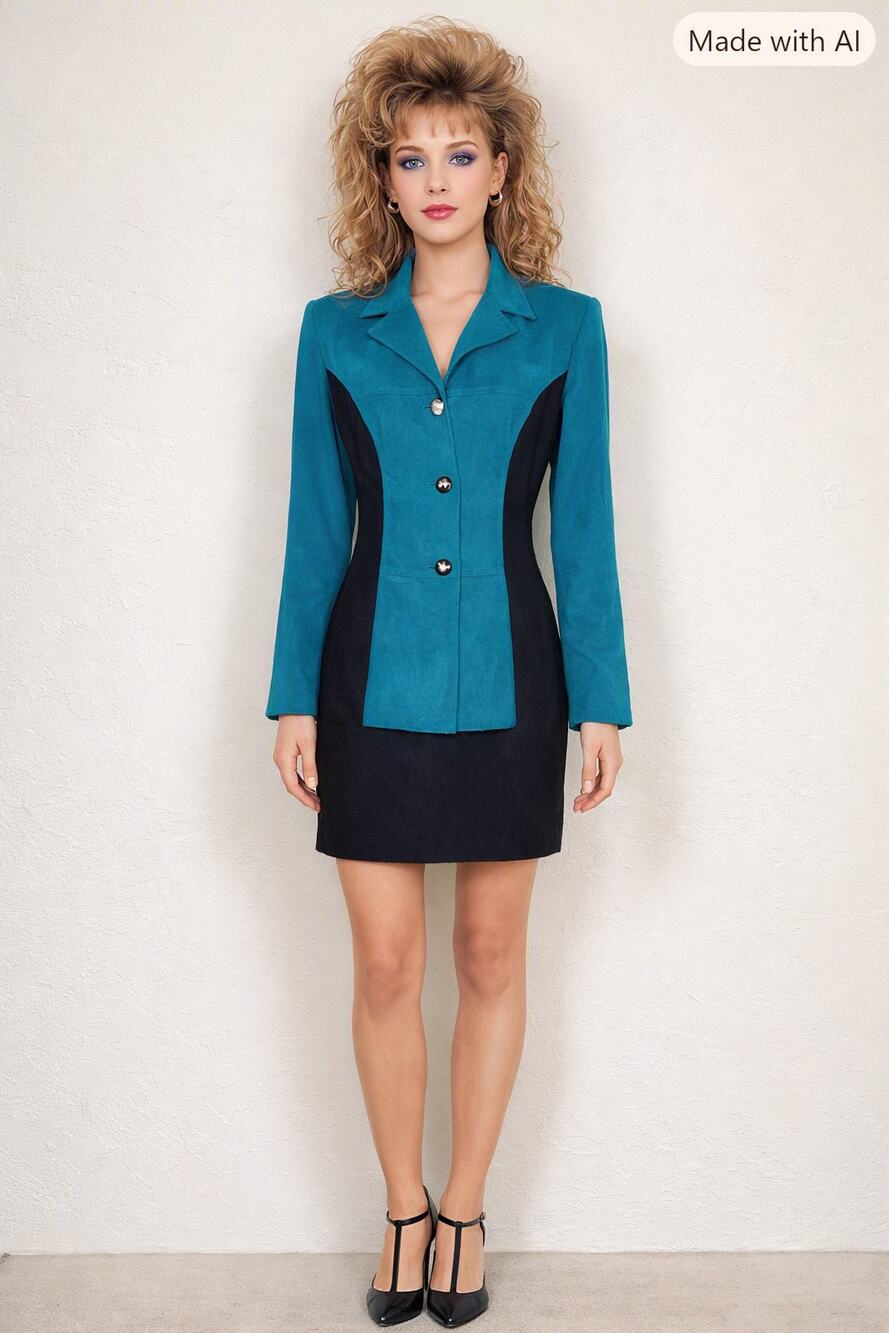 Vintage 90s Faux Suede Skirt Suit Sz Small Teal Black Color block